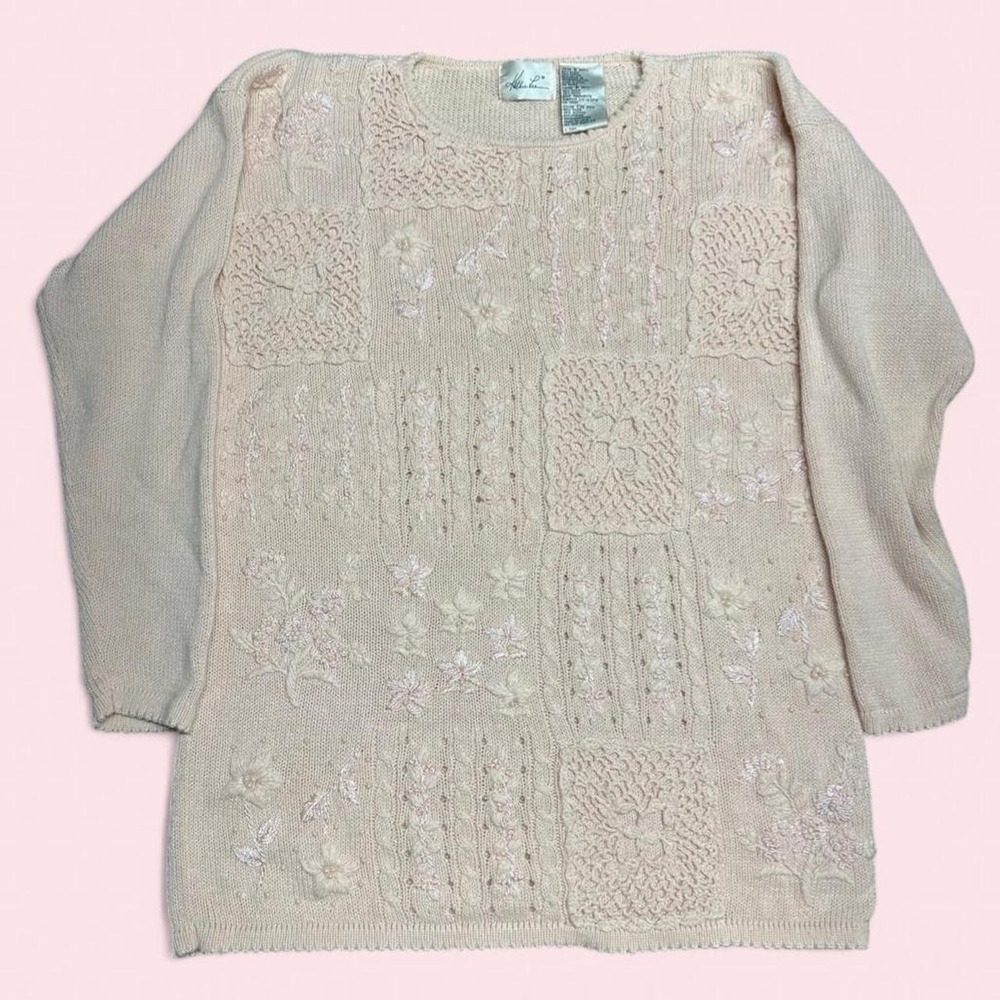 Vintage Kathie Lee Sweater S Pink Patchwork Floral Beaded Embroidered Grandma